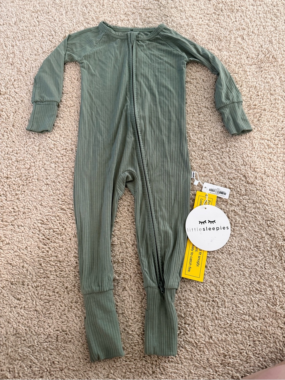 Little Sleepies Ribbed Sage Green Kids Footed One-Piece Pajama